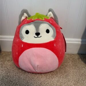Squishmallows Red and Pink Strawberry Plush with Gray wolf ears.